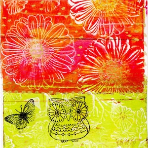 Carte double d'art JARDIN peinture ORIGINAL acryliques marqueurs monotype fleurs jardin papillon 13x13cm avec enveloppe LUMIO anniversaire
