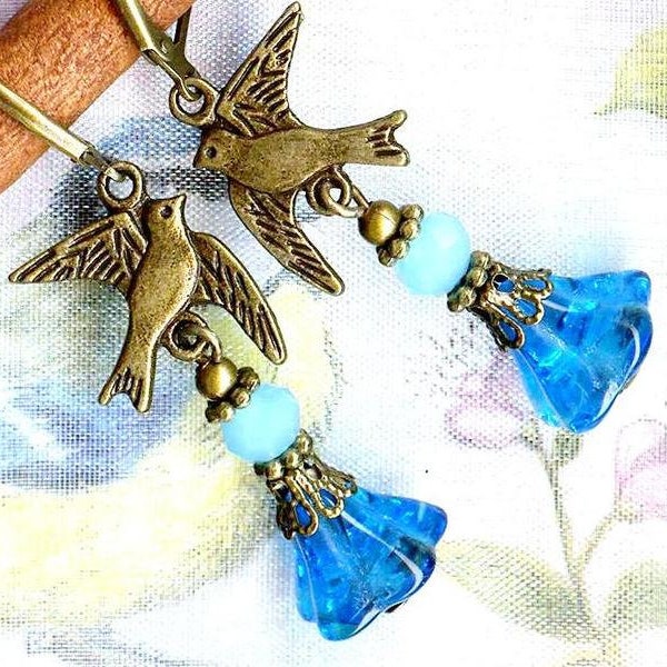 Boucles HIRONDELLES d'Été fleurs verre turqouise rondelle facettes cristal boheme connecteur bronze oiseaux animaux printemps OR738