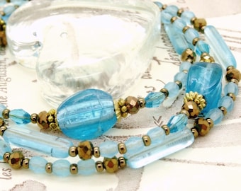 Eye-glass holder necklace AQUAMARINE matt glass silver foil lampwork bead faceted cristal Czech gold bronze ocean sea rosebud flower LUN030