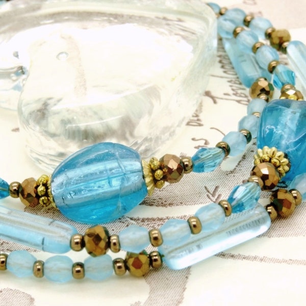 Cordon lunettes AQUAMARINE matt LAMPWORK perles verre feuille d'argent facettes Bohême cristal bronze fleur rose tube océan mer LUN030