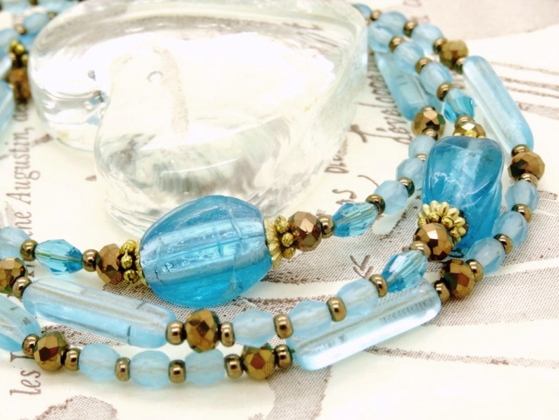 Cordon lunettes AQUAMARINE matt LAMPWORK perles verre feuille d'argent facettes Bohême cristal bronze fleur rose tube océan mer LUN030 image 1