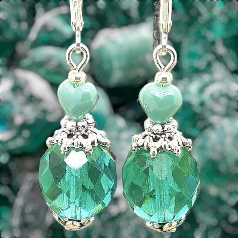 BOHEMIAN EMERALD earrings with 12mm faceted crystal beads and small 6mm glass hearts vintage love Valentine's Day gift Silver