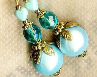 Boucles FLEURS MAGIQUES turquoise perles facettes magique cristal cœur bleu zirkon bronze antique mariage saint valentin amour OR310