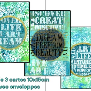 Set de 3 CARTES doubles 10x15cm INSPIRATION monotype bleu vert blanc noir original papier unique art abstrait peinture LUMIO avec enveloppes