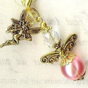 Bijou Porte-chéquiers ANGES perles en verre et cristal de Bohême breloque en métal or antique mousqueton pendentif sac bijou cadeau bonheur rose clair