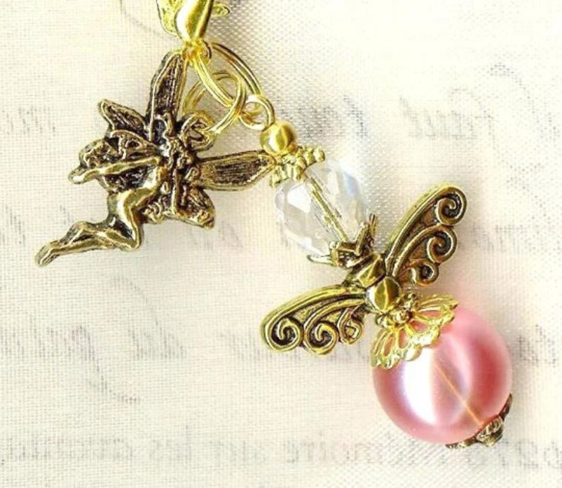 ANGEL charm for your wallet or checker holder faceted crystal and faux pearl glass beads pendant gift antiqued gold wedding guests luck love rose clair