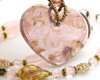 Necklace PINK HEART glass pendant gold sand beads oval round peach bronze vintage freeform crystal faceted valentine's day gift love