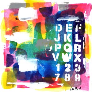 Carte double POP ART 15x15cm peinture acrylique abstrait lettres chiffres original tableau peint main enveloppe LUMIO cadeau anniversaire