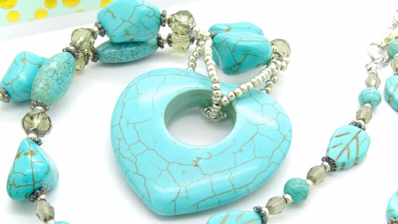 Necklace HEART TURQUOISE donut gemstone beads pendant round oval freeform nuggets crystal faceted grey love valentines day gift image 5