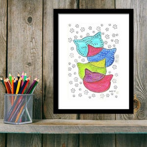 Papavero GATTI A4 ORIGINALE dipinto ad acquerello pennarelli su carta Lumio arte decorazione domestica senza cornice interno regalo multicolor