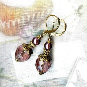 Boucles VINTAGE AMETHYSTE Burgundy cristal bronze perles verre nacré facette boheme antiqued OR701 image 5