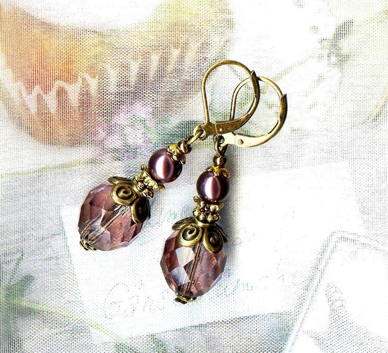 Boucles VINTAGE AMETHYSTE Burgundy cristal bronze perles verre nacré facette boheme antiqued OR701 image 5