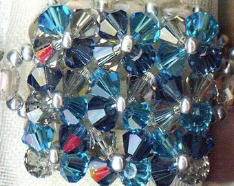 Ring CARRE BLUE Indicolite, Montana and black diamond swarovski crystal faceted beads Czech fire-polished beads