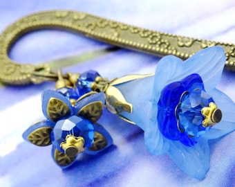 Marque-Page GENTIANE fleurs perles cristal facettes boheme bleu saphir bronze acrylique cristal rondelle petales MP208