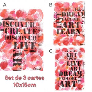 Set de 3 CARTES doubles 10x15cm PINK INSPIRATION monotype original peinture acrylique papier unique art abstrait Lumio Design enveloppes