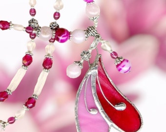Collier COEUR en FOLIE VITRAIL perles pendentif verre facettes bohême cristal pierre quartz cadeau mariage fait main unique amour noel pink