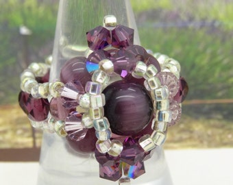 Ring GABI PURPLE AMETHYSTE cateye glass swarovski crystal faceted beads Czech fire-polished beads vintage antique gift wedding Xmas birthday