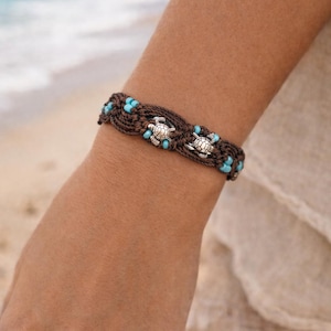 Brown Macrame Bracelet/Ankle Wrap with Turquoise color beads and sea turtle charms