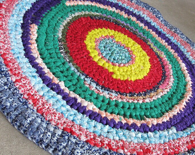 Vintage Rag Rug From Estate. Primary Colors. 32 Inches Round. Crazy, Fun and Funky.circa Mid