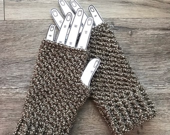 Brown Fingerless Gloves, Ribbed Cuff, Winter Gloves