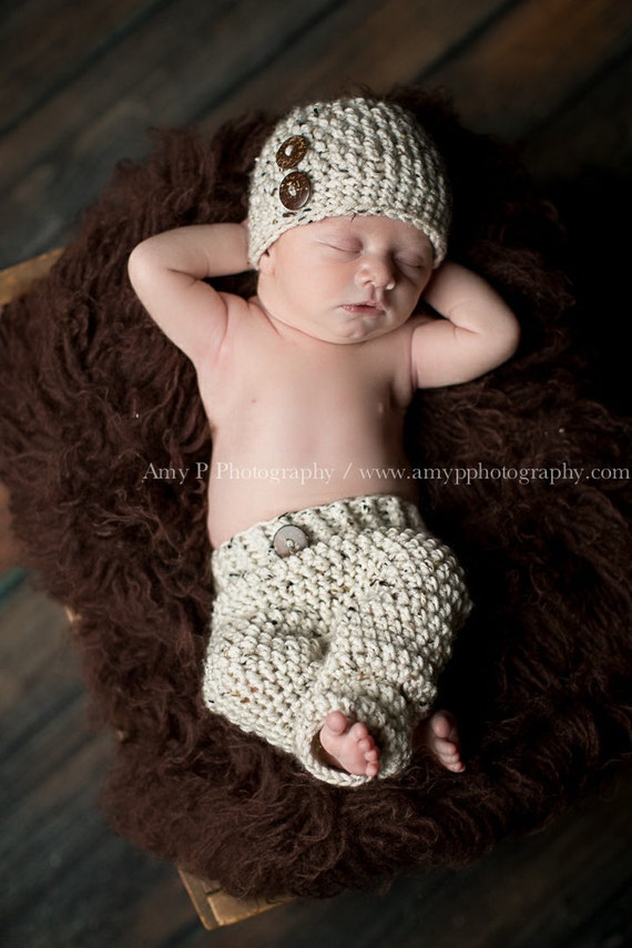 Items similar to Off White Baby Hat and Pants Set, Crochet Pants, 0 to