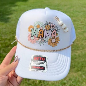 Floral MAMA Trucker Hat – White Boho Mom Cap with Gold Chain & Bead Charm