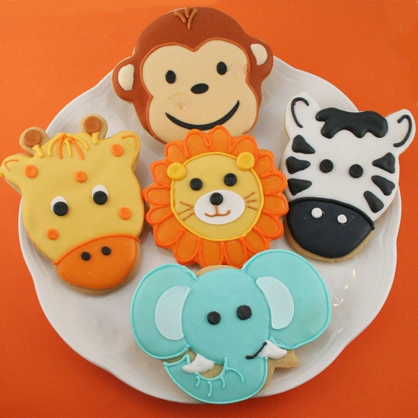 Animal Cookies (Monkey, Elephant, Giraffe, Lion, Zebra) Safari Jungle Party - 24 Decorated Sugar Cookie Favors