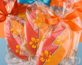 Surfboard Cookies (4" size, bowed) - Ships 4/30/24 or will Delay up to 10 weeks per your Need by Date - FREE Shipping