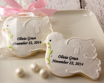 Baptism Dove Cookies with Cross (4" size, bowed) - Ships 4/23/24 or will Delay up to 10 weeks per your Need by Date - FREE Shipping