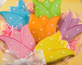 Tulip Cookies (4" size bowed or sealed) - Flower Cookies, Easter Gift - FREE SHIPPING