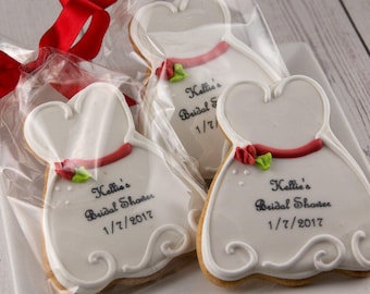 Wedding Dress Cookies, Personalized (4" size, bowed) - Ships 4/23/24 or will Delay up to 10 weeks per your Need by Date - FREE Shipping