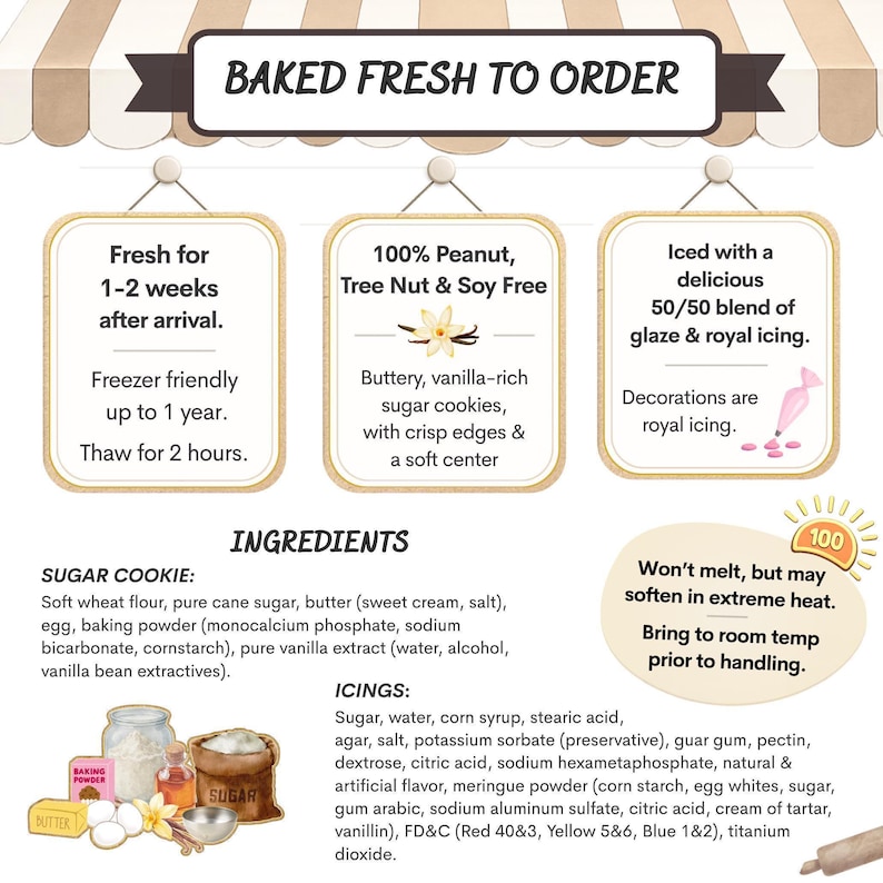 The image is a recipe card with various ingredients and instructions for baking cookies.