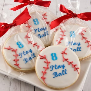 Baseball Cookies (4&quot; size, bowed) - Next Ship Date is 9/2/25 or can delay  up to 8 weeks out - SHIPPING INCLUDED