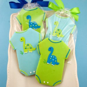 Dinosaur Baby Shower Cookies (4&quot; sized, bowed) - Next Ship Date is 9/2/25 or can delay  up to 8 weeks out - SHIPPING INCLUDED