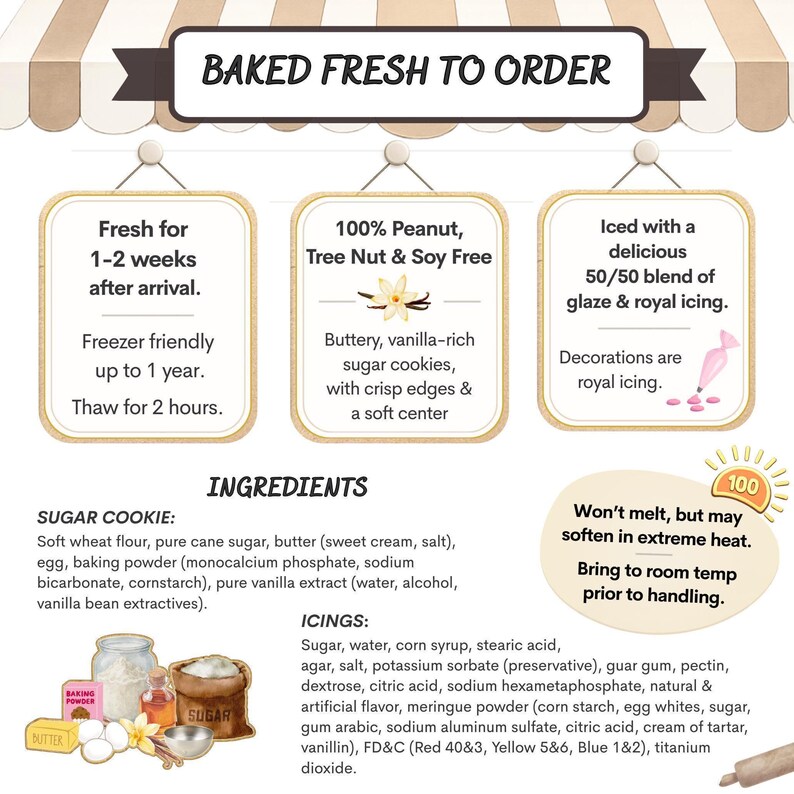 The image is a recipe card with various ingredients and instructions for baking cookies.