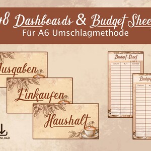 Peut inclure: Un ensemble de 48 tableaux de bord budgétaires et feuilles de budget A6 imprimables. Les tableaux de bord sont intitulés "Ausgaben", "Finkaufen" et "Haushalt". Les feuilles de budget comportent des colonnes pour la date, le plus ou le moins et la somme.