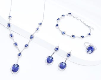 Collar de boda, conjunto de joyas nupciales para novias, conjuntos de collar de novia de plata, pendientes de novia, collar de circonita azul, pulsera, accesorios de novia