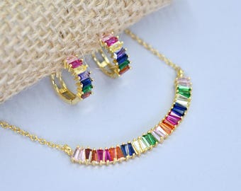 Rainbow necklace/Earrings Hoops, Gold Huggie Hoop Earrings, Best Friend Gift, Multicolor Earrings, Pride Earrings, Pride Gift, Earrings Set