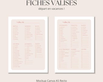 Puede incluir: Dos plantillas de listas de empaque con el texto "FICHES VALISES départ en vacances !" en un color beige suave. Las listas se dividen en categorías como "REPAS", "SORTIES" y "NUITS". La parte inferior de la imagen dice "Mockup Canva A5 Recto".