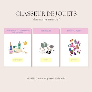 Peut inclure: Un modèle Canva A4 personnalisable intitulé CLASSEUR DE JOUETS avec le texte Mamaaan je m'ennuie. Il présente trois sections : COMPOSITION ET COMPARAISON DES NOMBRES avec un jouet en bois, VETERINAIRE avec des accessoires médicaux et MY LITTLE PONEY.