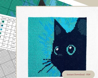 Sneaky Black Cat Cross Stitch Pattern: Easy 5x5 Beginner Design (PDF)