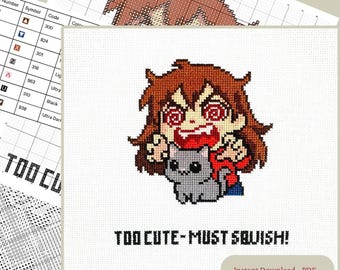 Funny Cat Cross Stitch Pattern - Anime Kawaii Beginner Design (PDF)