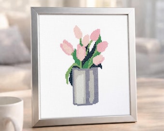 Pink Tulips Cross Stitch Kit: Modern Botanical Embroidery, Beginner Friendly