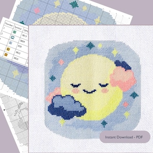 Sleepy Moon Cross-Stitch Pattern – Digital PDF Chart for Nursery Decor, Baby Shower Gift, Instant Download, Cute Cross-Stitch Design