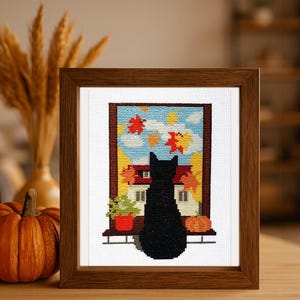 Fall Cat Cross Stitch Kit: Beginner Embroidery, Cozy Autumn Scene