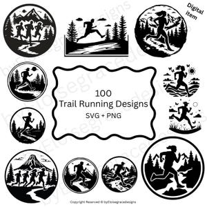 Könnte beinhalten: Eine Sammlung von 100 Trailrunning-Designs im SVG- und PNG-Format. Die Designs zeigen Silhouetten von Läufern in verschiedenen Outdoor-Umgebungen, darunter Berge und Wälder. Die Designs sind in Schwarz und Weiß.