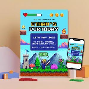 Video Game Birthday Invitation, 8-Bit Arcade Pixel Gamer Party Template, Editable Digital Invite
