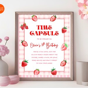 Pink Gingham Strawberry Birthday Time Capsule & Note Template, Editable Berry First Keepsake, Printable Digital File