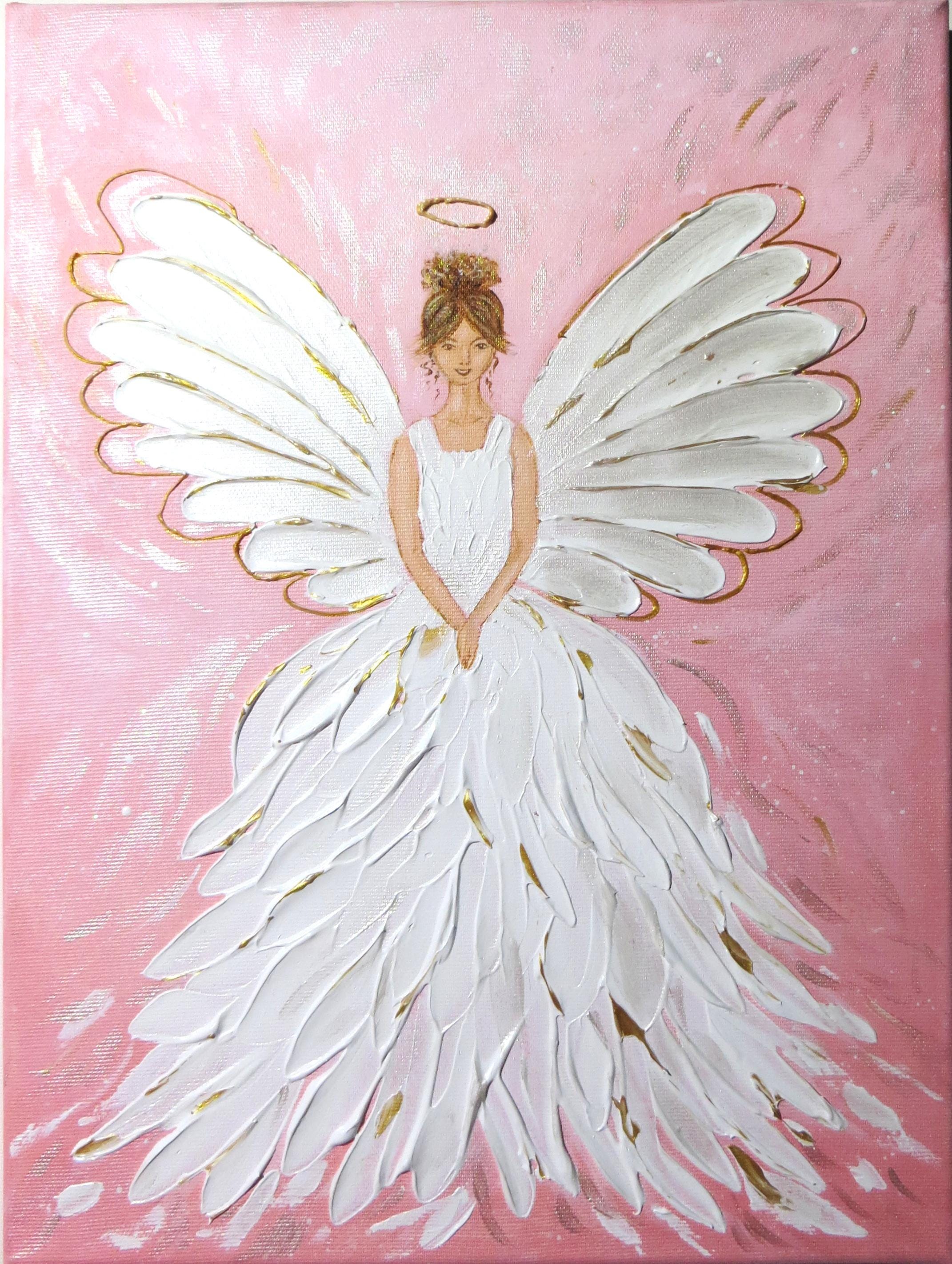 天使の絵画 天使の祝福 白い天使の羽 壁飾り キャンバスに描かれた天使