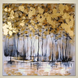 Abstract Gold Tree Original painting on canvas, Trees painting, Contemporary art, Gold Forest Modern art, Gold Leaf artwork, Grey painting